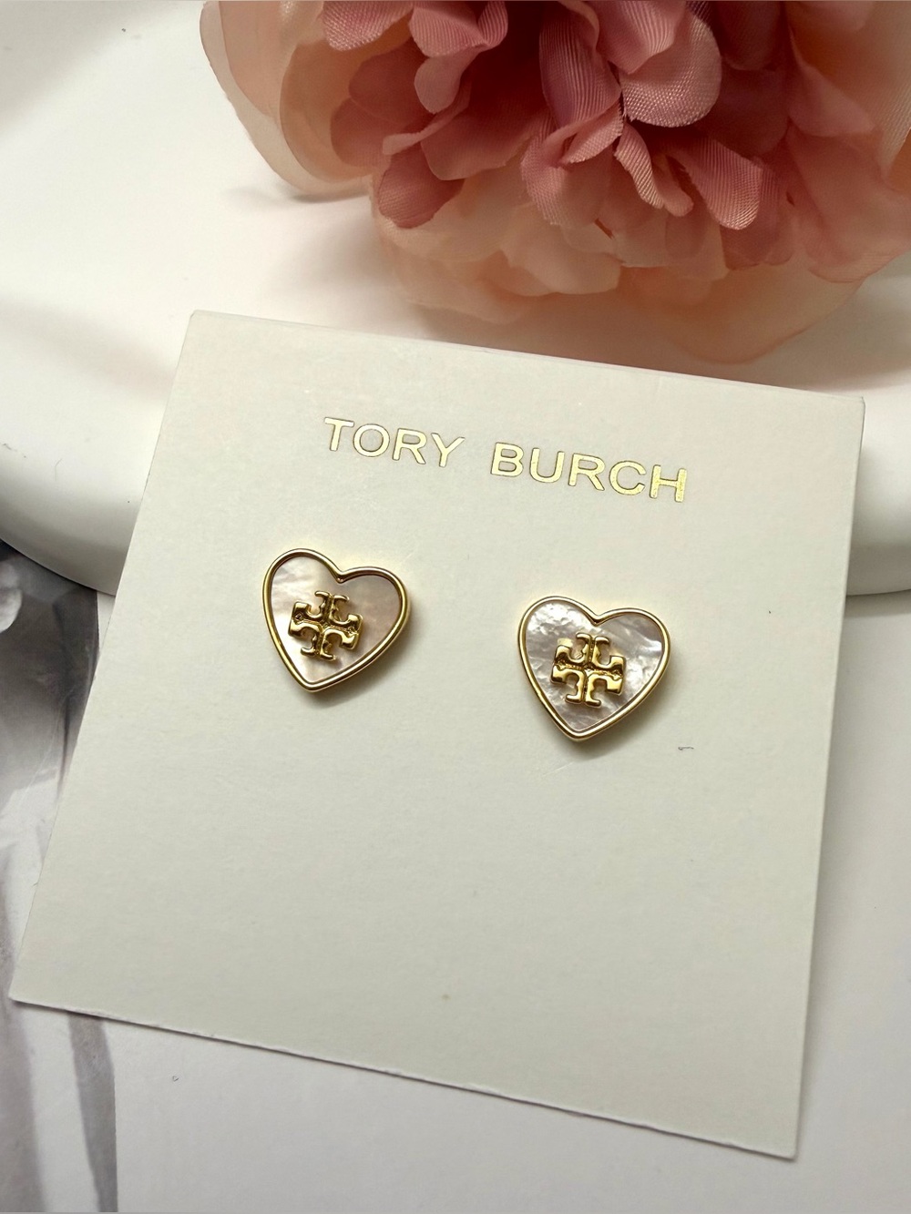 Tory Burch Gold Heart Logo Mother-of-Pearl Stud Earrings